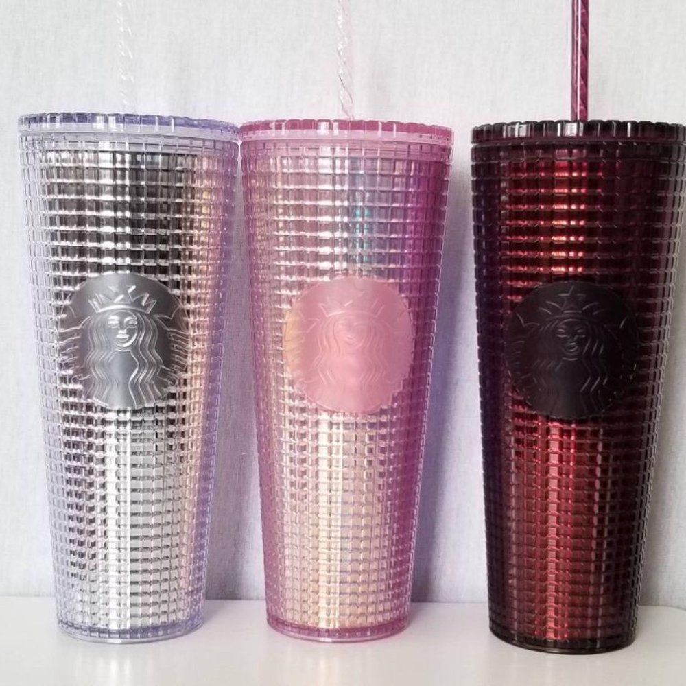 STARBUCKS PINK,SILVER AND BURGUNDY  24OZ TUMBLER